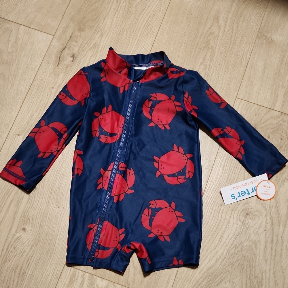 Navy and Red Crab Print Kids Swimwear